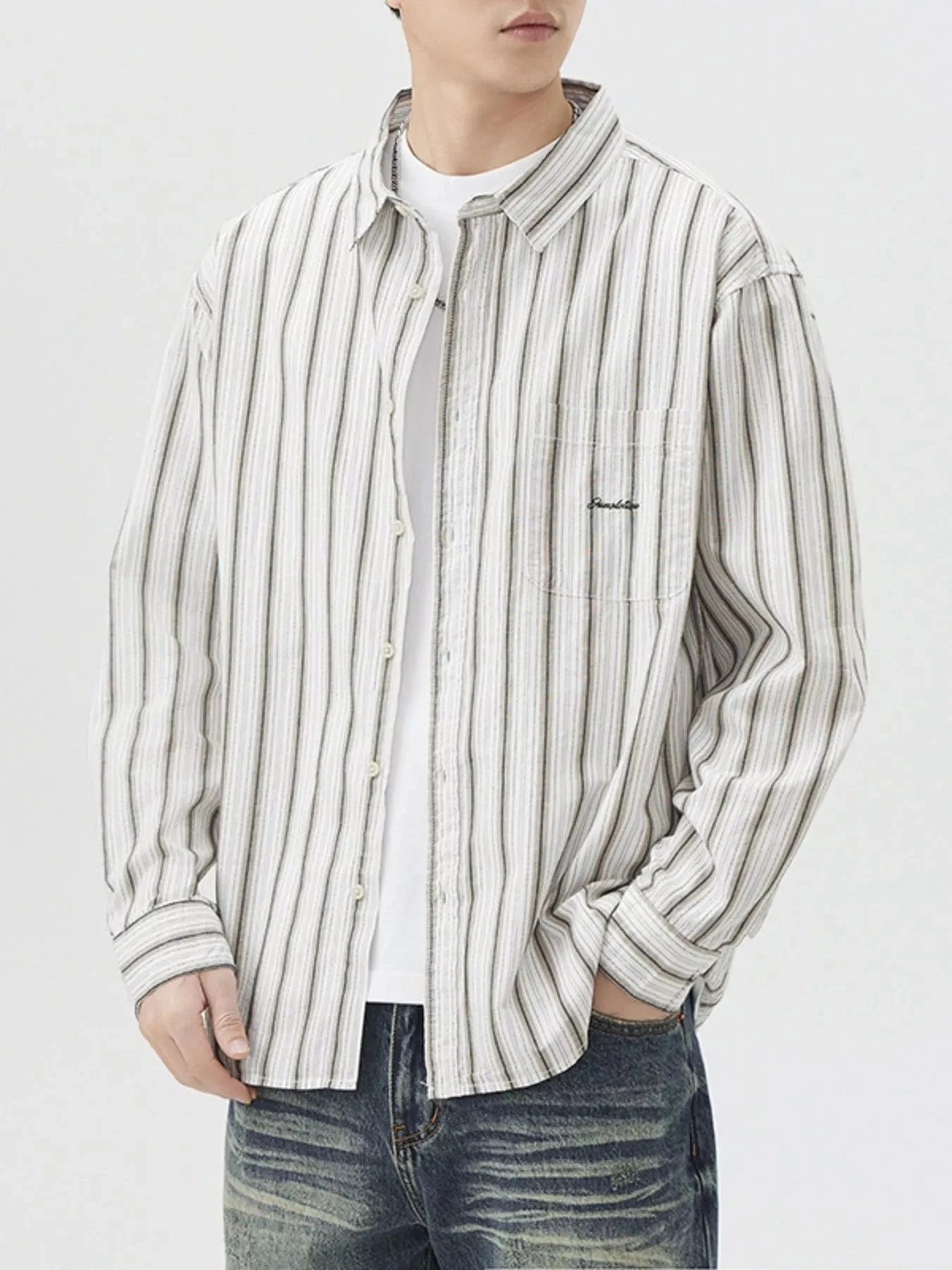 Men's Striped Button Up Long Sleeve Shirt
