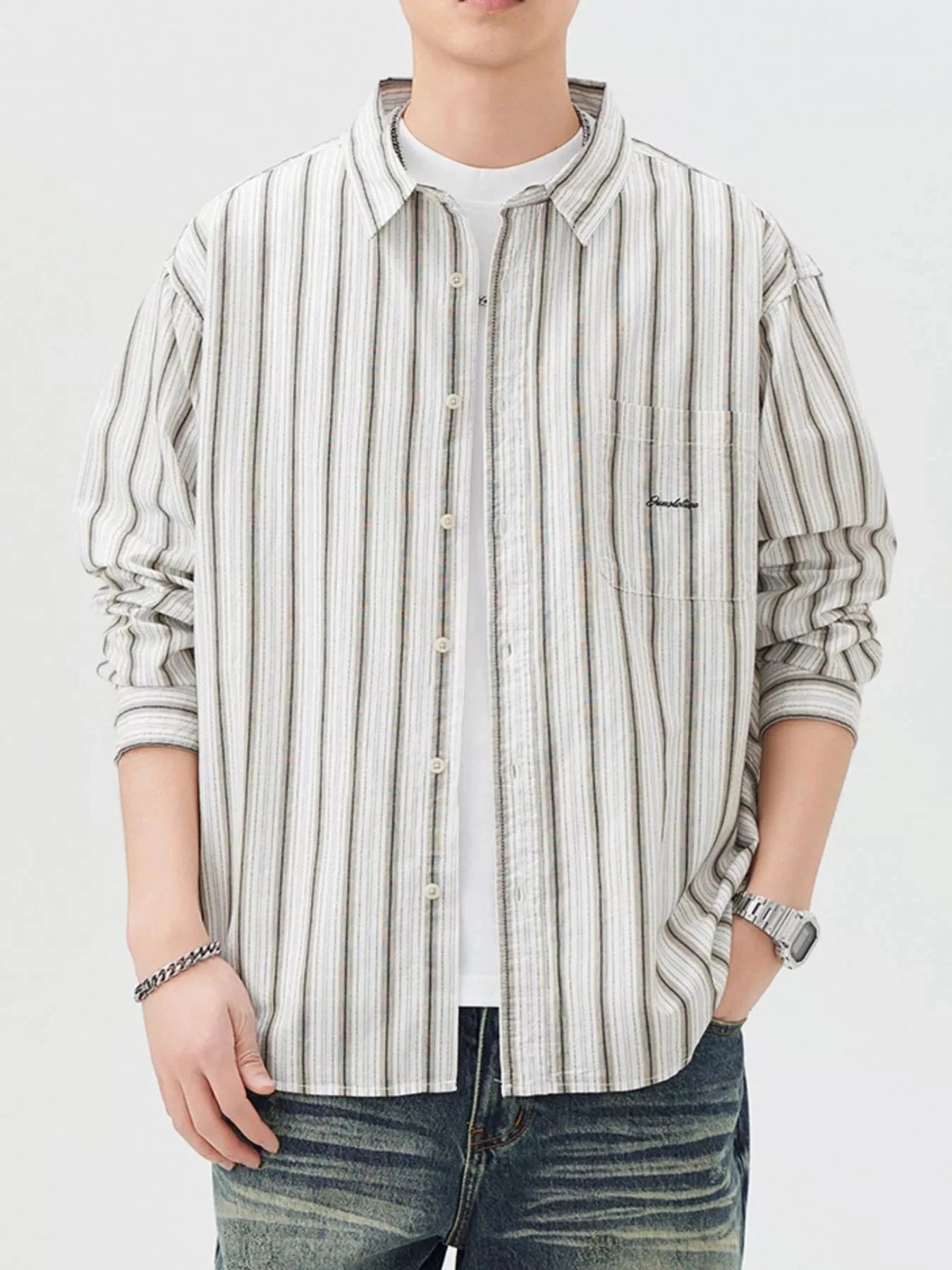 Men's Striped Button Up Long Sleeve Shirt Coffee Color / M