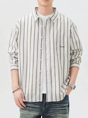 Men's Striped Button Up Long Sleeve Shirt Coffee Color / M