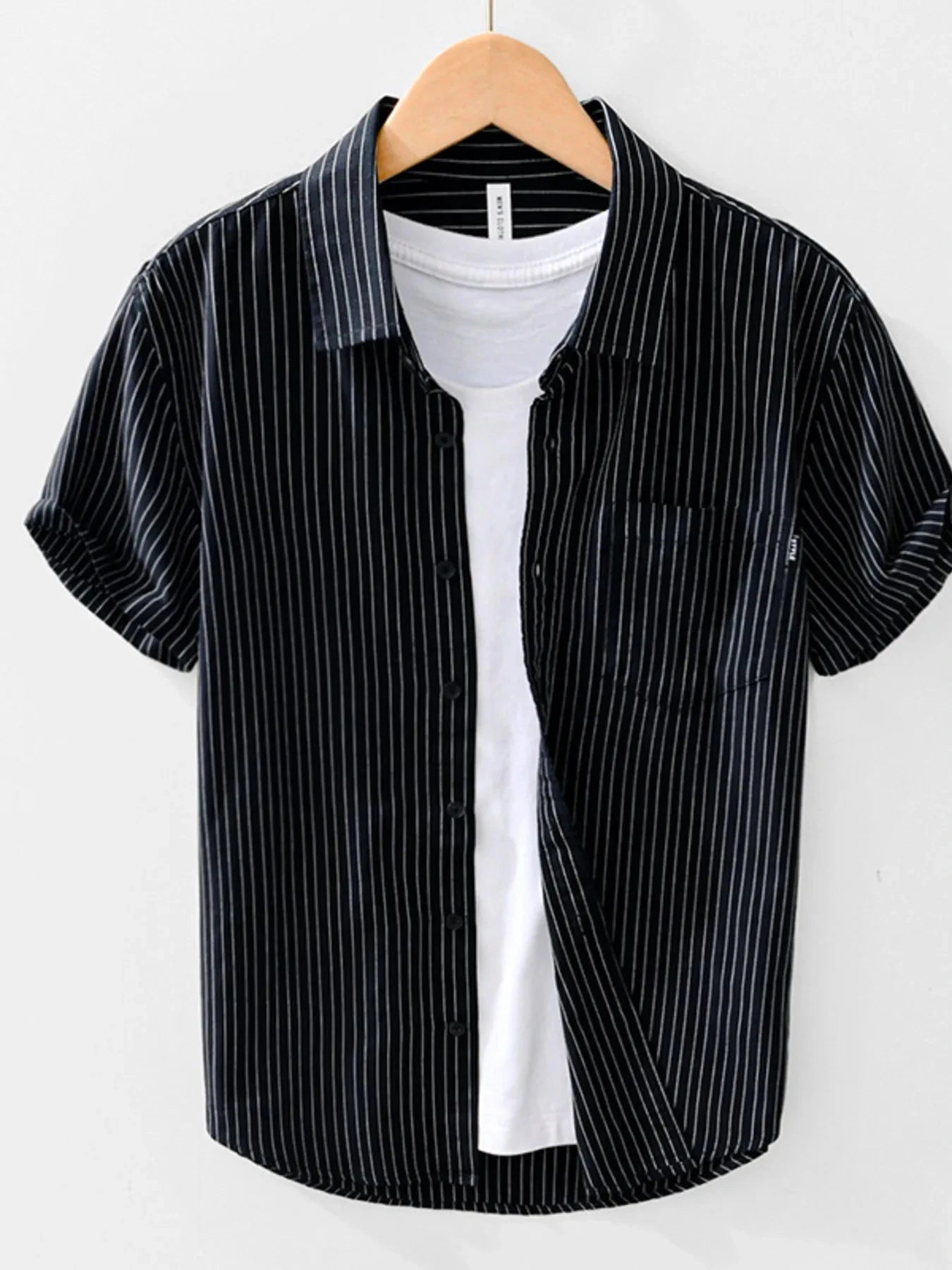 Men's Striped Button Up Short Sleeve Shirt Black / 170/88A