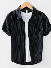 Men's Striped Button Up Short Sleeve Shirt Black / 170/88A