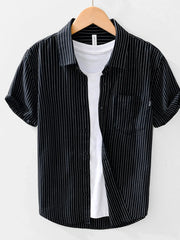 Men's Striped Button Up Short Sleeve Shirt Black / 170/88A