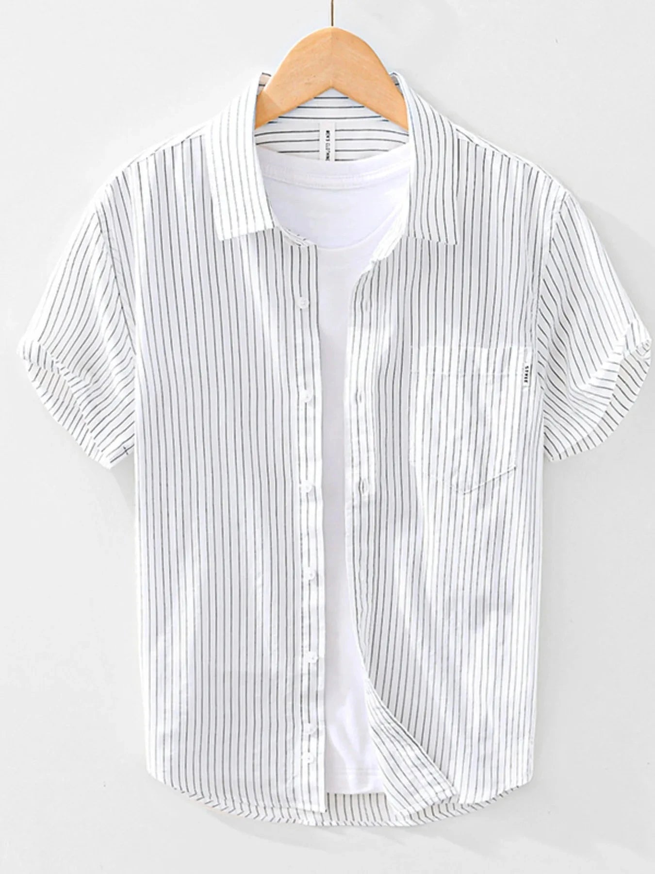 Men's Striped Button Up Short Sleeve Shirt White / 170/88A