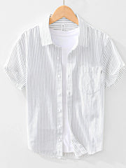 Men's Striped Button Up Short Sleeve Shirt White / 170/88A