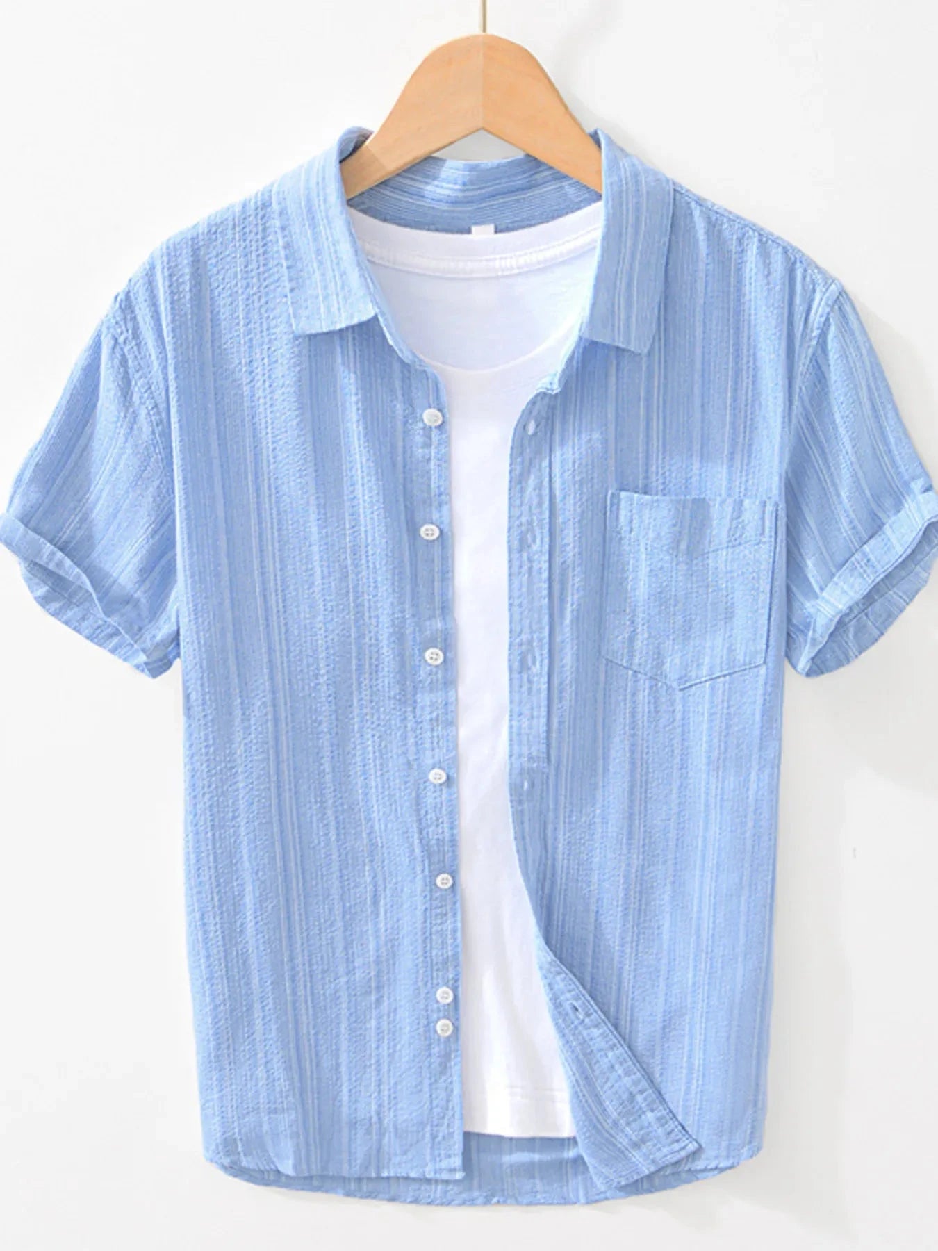 Men's Striped Collared Neck Short Sleeve Shirt Blue / 170/88A