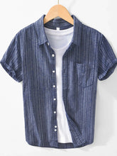 Men's Striped Collared Neck Short Sleeve Shirt Dark Blue / 170/88A