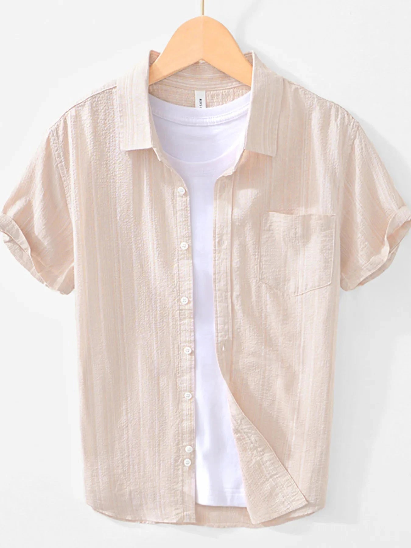 Men's Striped Collared Neck Short Sleeve Shirt Khaki / 170/88A