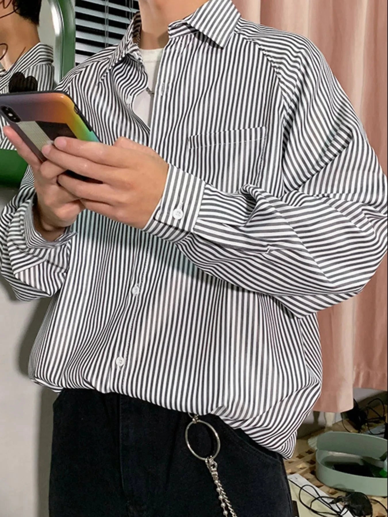 Men's Striped Long Sleeve Button-Up Shirt