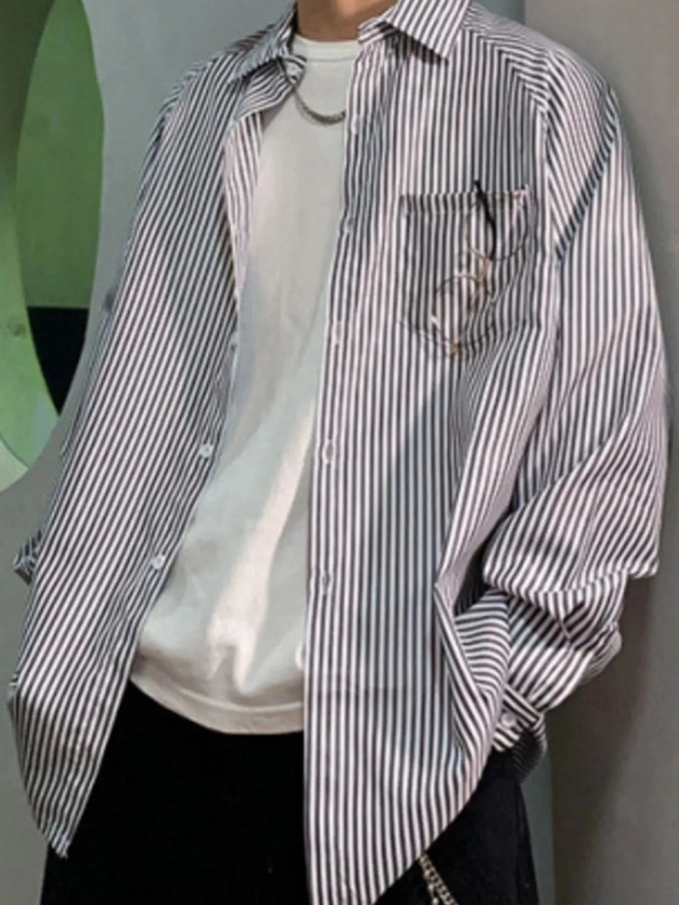 Men's Striped Long Sleeve Button-Up Shirt Black / M