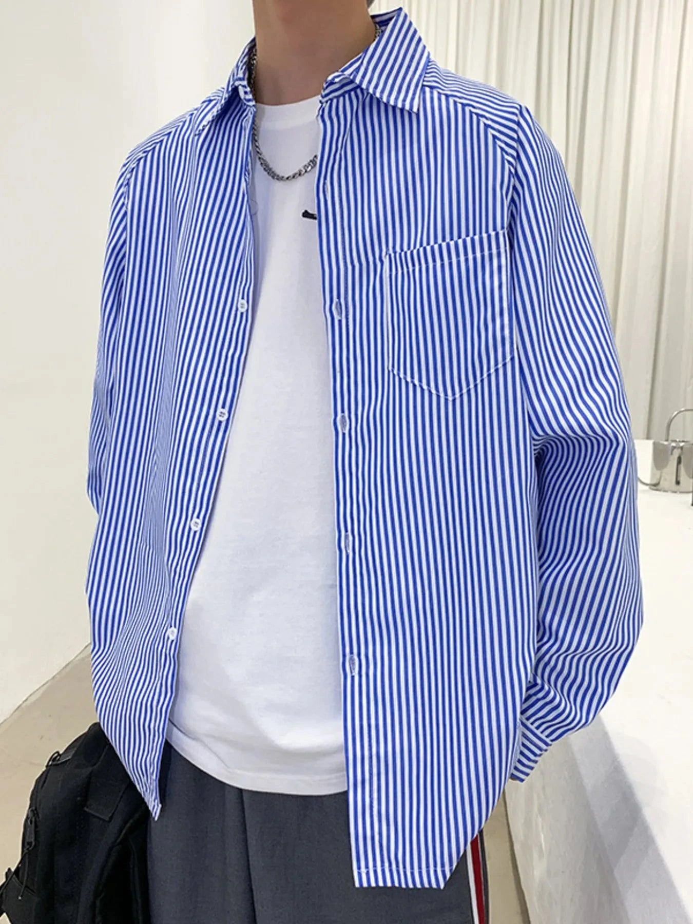 Men's Striped Long Sleeve Button-Up Shirt Blue / M