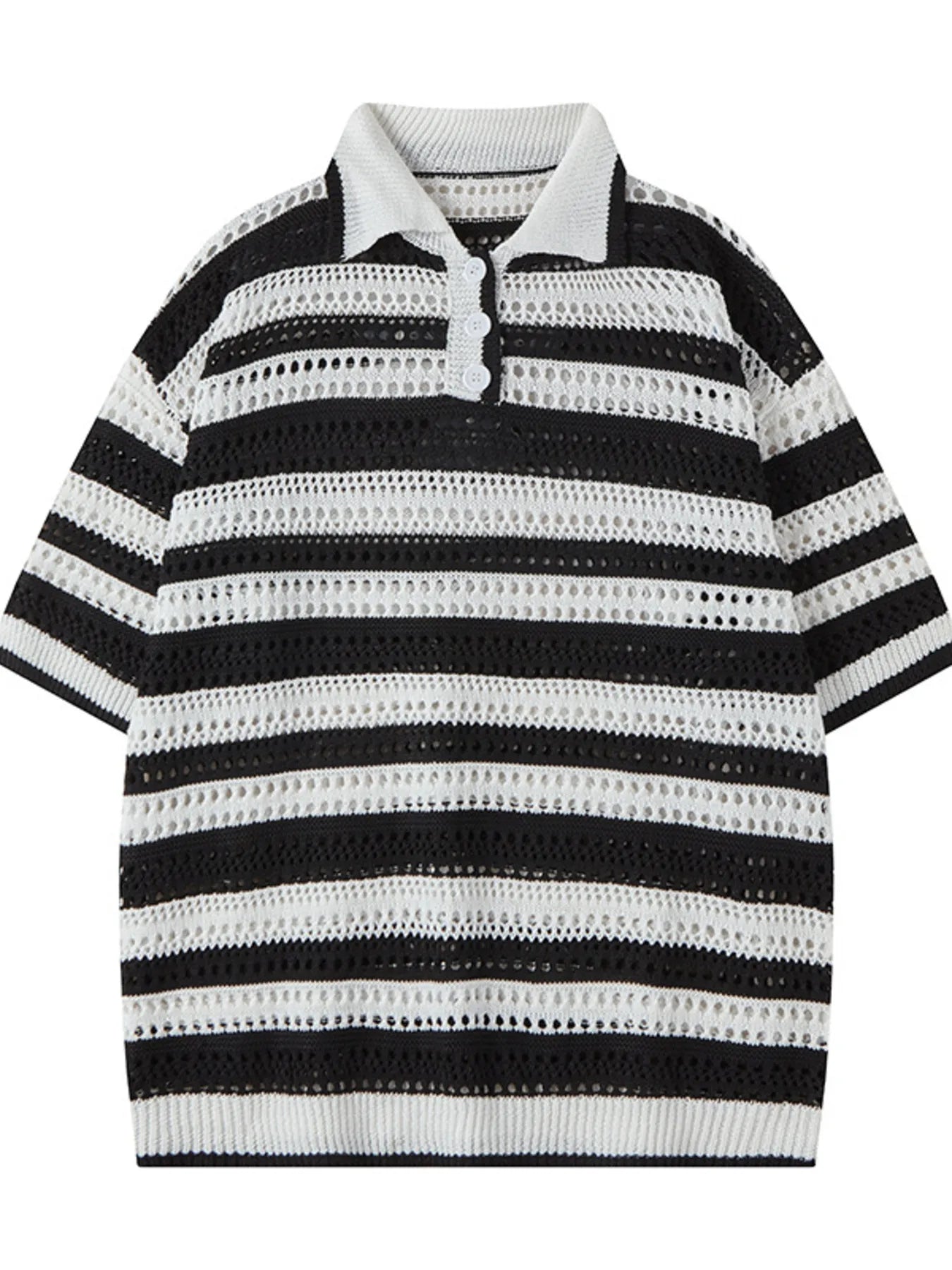 Men's Striped Openwork Knit Polo Black / S