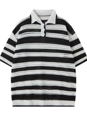 Men's Striped Openwork Knit Polo Black / S