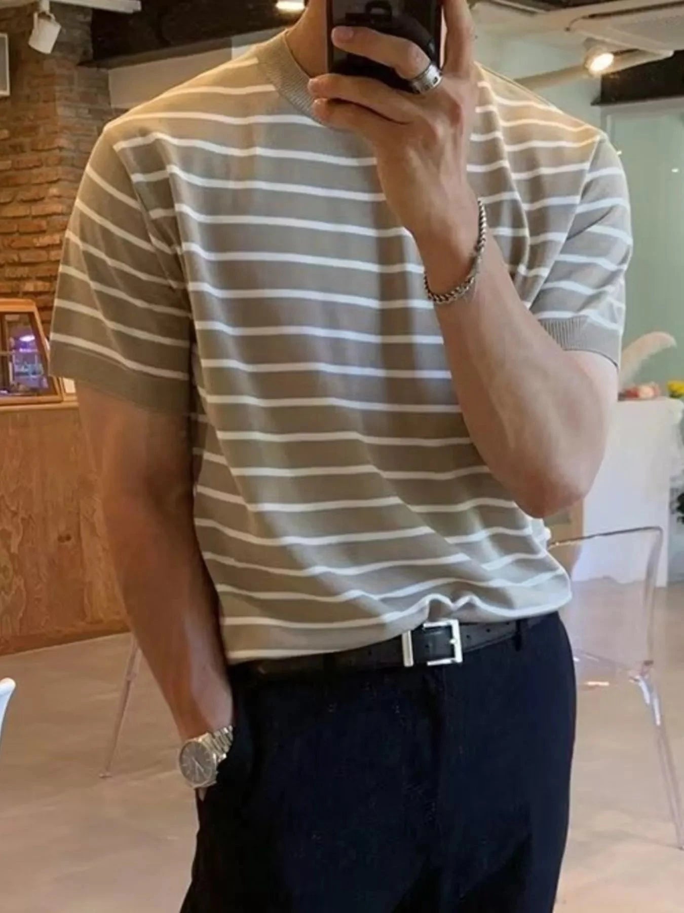 Men's Striped Round Neck Short Sleeve T-Shirt Apricot / M