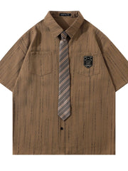 Men's Striped Short Sleeve Shirt with Tie Brown / M