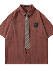 Men's Striped Short Sleeve Shirt with Tie Red / M
