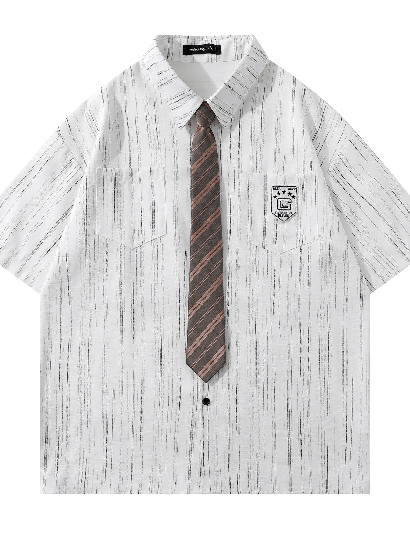 Men's Striped Short Sleeve Shirt with Tie White / M