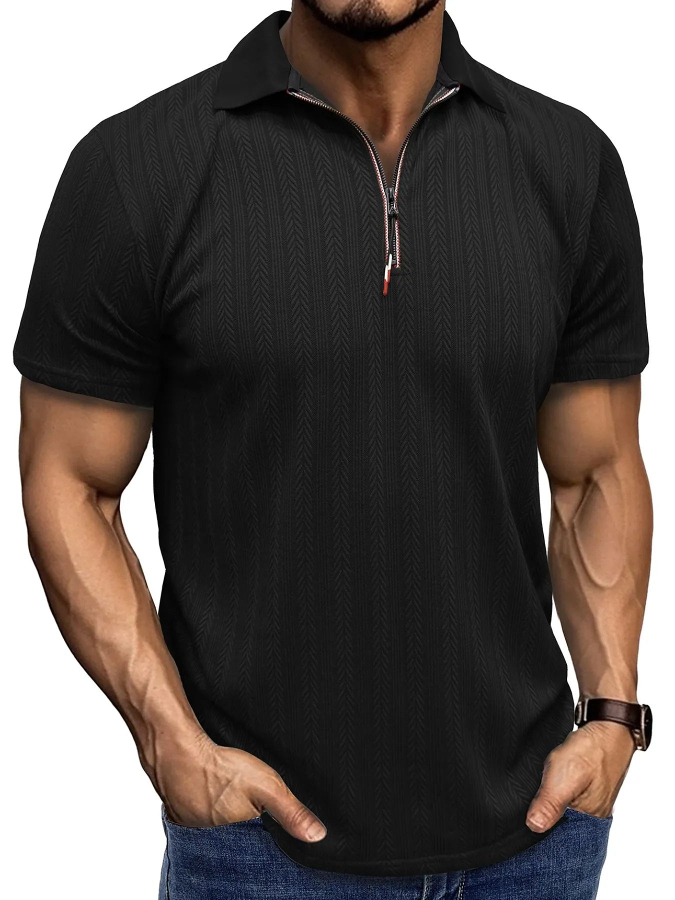 Men's Textured Quarter-Zip Polo Shirt Black / S