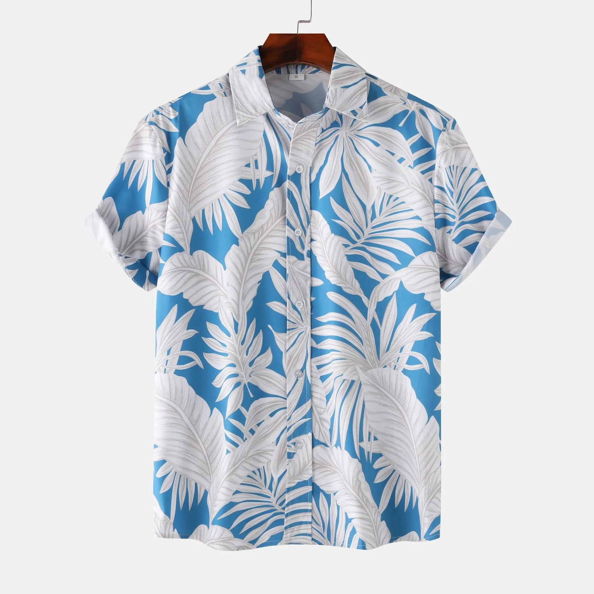 Men's Tropical Palm Leaf Print Hawaiian Short Sleeve Shirt Cerulean / S