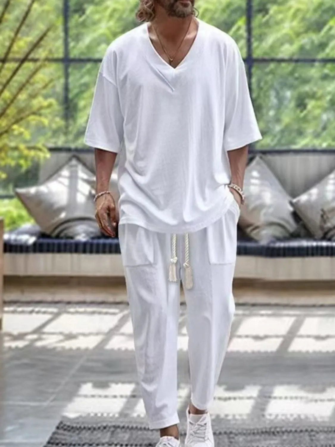 Men's V-Neck Half Sleeve Top and Pants Set White / S