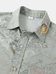 Men's Vintage Map Print Short Sleeve Button Down Shirt