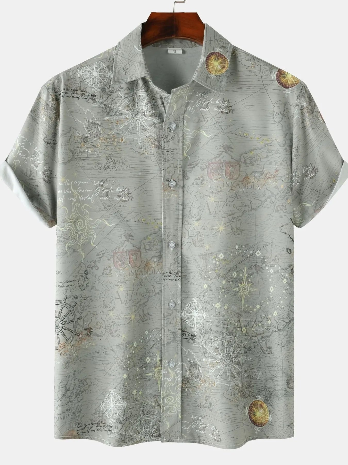 Men's Vintage Map Print Short Sleeve Button Down Shirt Sage / S