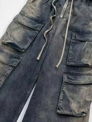 Men's Washed Cargo Jeans with Drawstring Waist