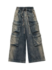 Men's Washed Cargo Jeans with Drawstring Waist Blue / M