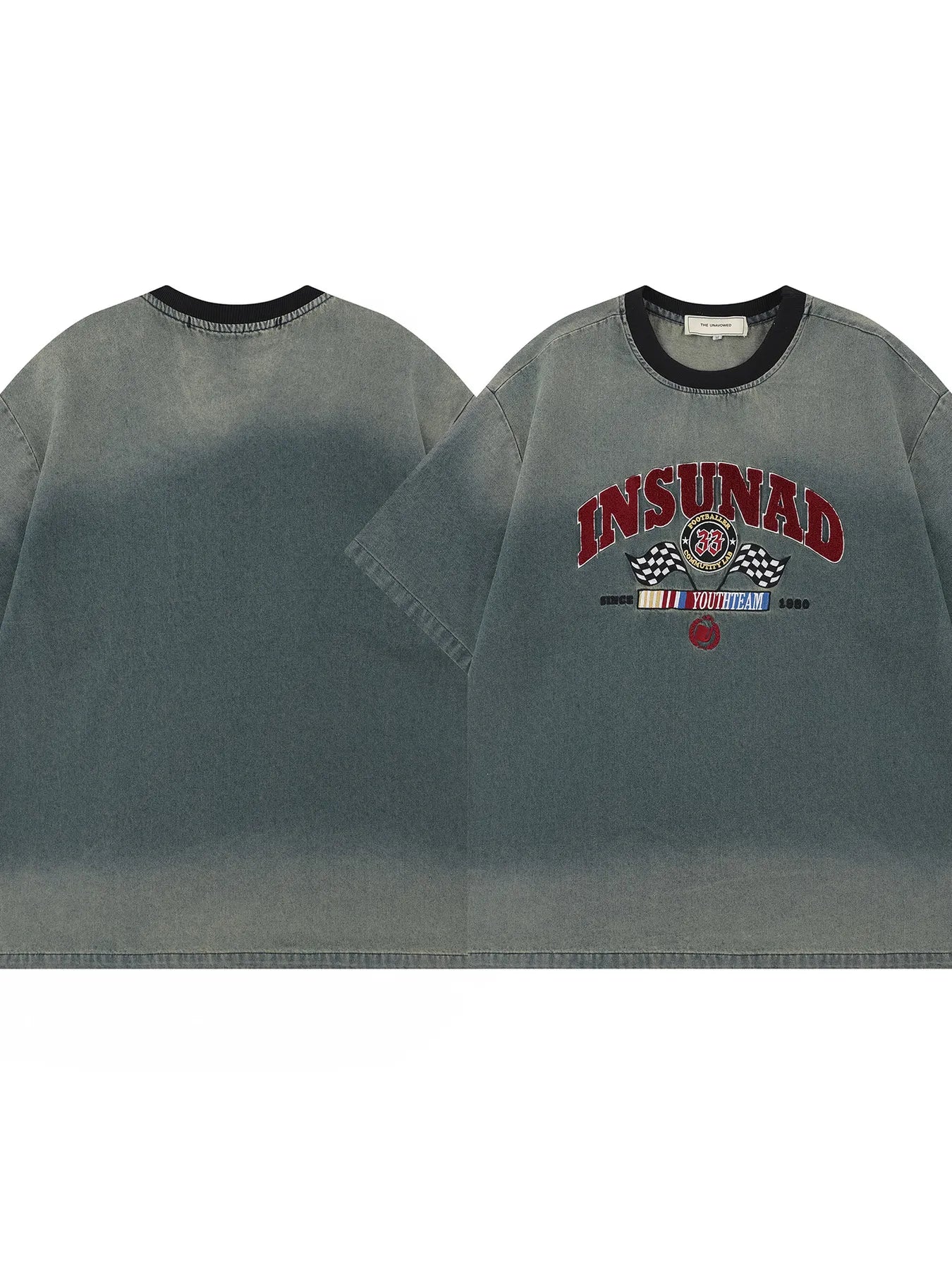 Men's Washed Letter Denim Top with Contrast Neckline