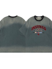 Men's Washed Letter Denim Top with Contrast Neckline