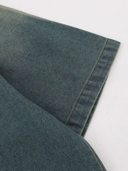 Men's Washed Letter Denim Top with Contrast Neckline