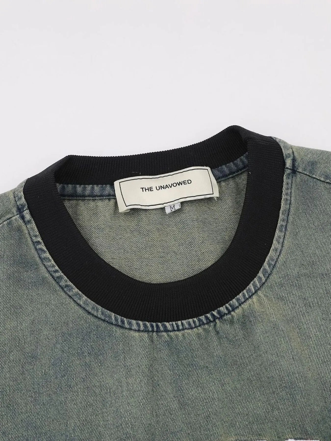 Men's Washed Letter Denim Top with Contrast Neckline