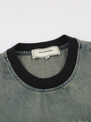 Men's Washed Letter Denim Top with Contrast Neckline