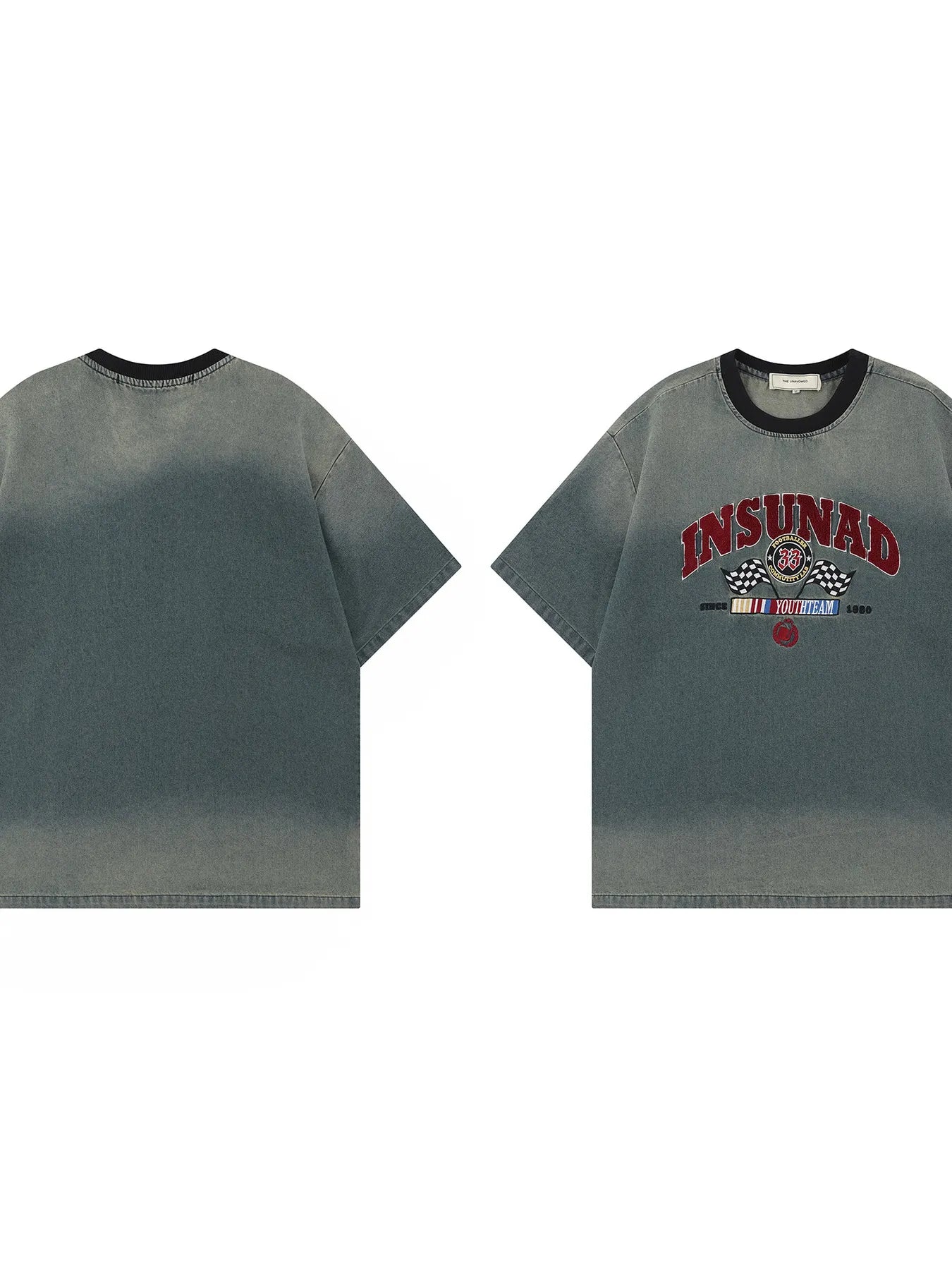 Men's Washed Letter Denim Top with Contrast Neckline