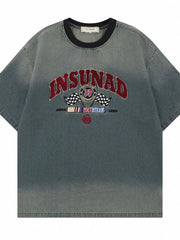 Men's Washed Letter Denim Top with Contrast Neckline Blue / M