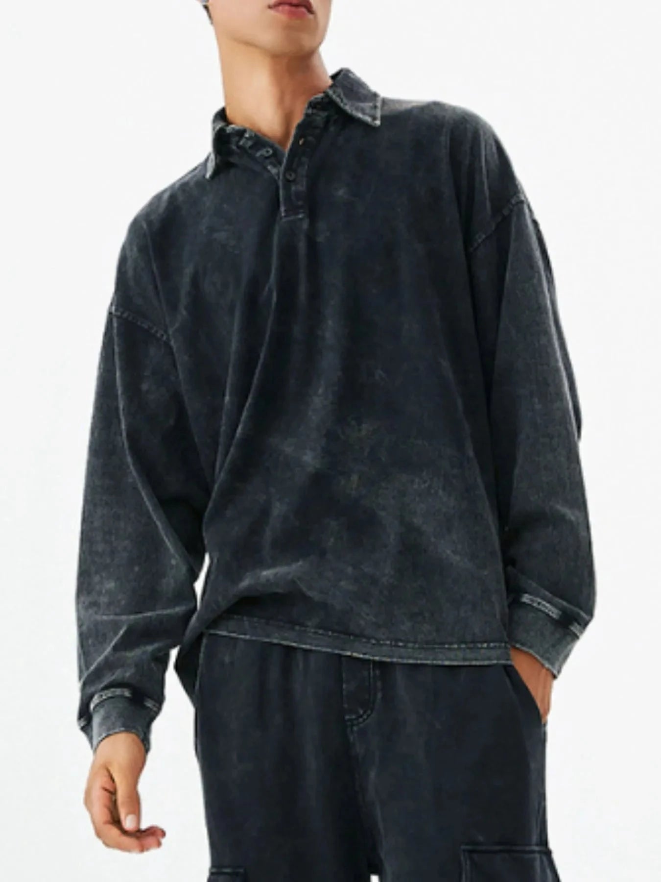 Men's Washed Long Sleeve Polo Shirt