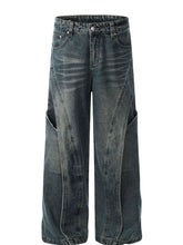 Men's Washed Straight Jeans with Unique Panel Design Blue / S