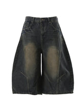 Men's Washed Wide Leg Denim Shorts Dark Blue / S