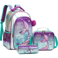 Mermaid-themed Girls' Backpack Set with Matching Lunch Box SKY BLUE