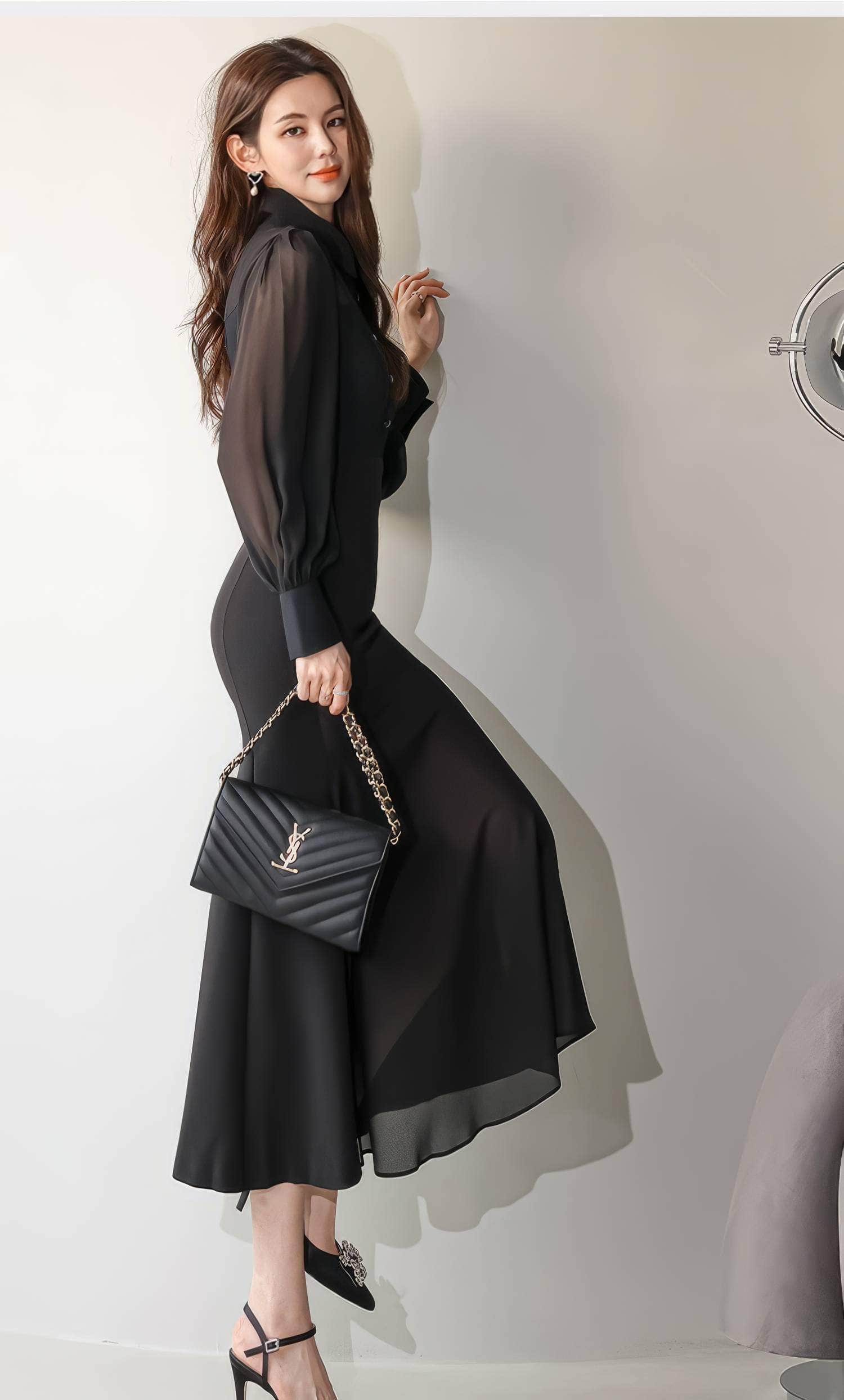 Mesh Collar Neck Long Sleeve Mermaid Dress