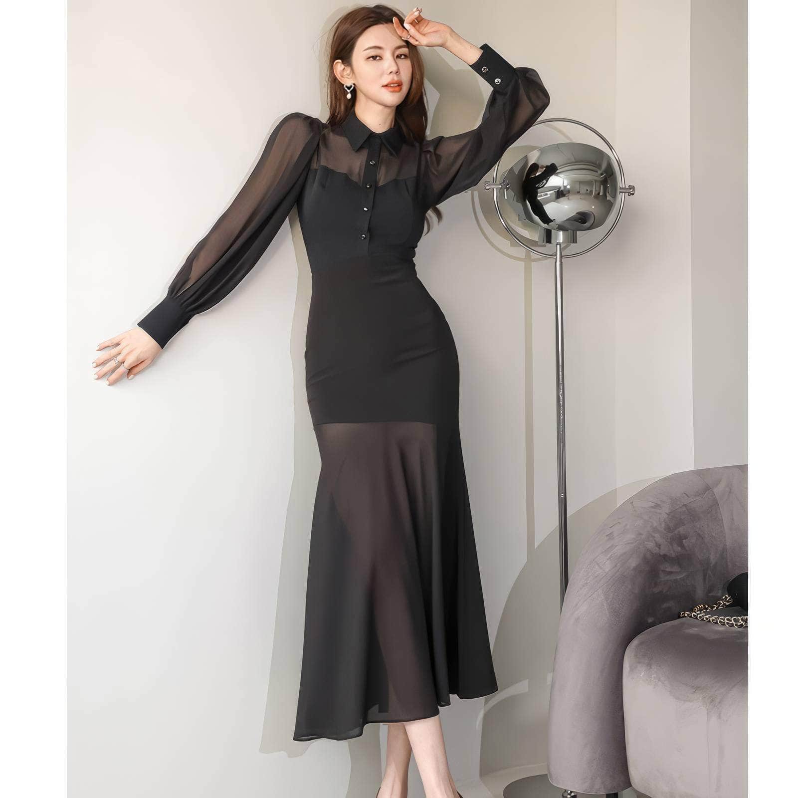 Mesh Collar Neck Long Sleeve Mermaid Dress