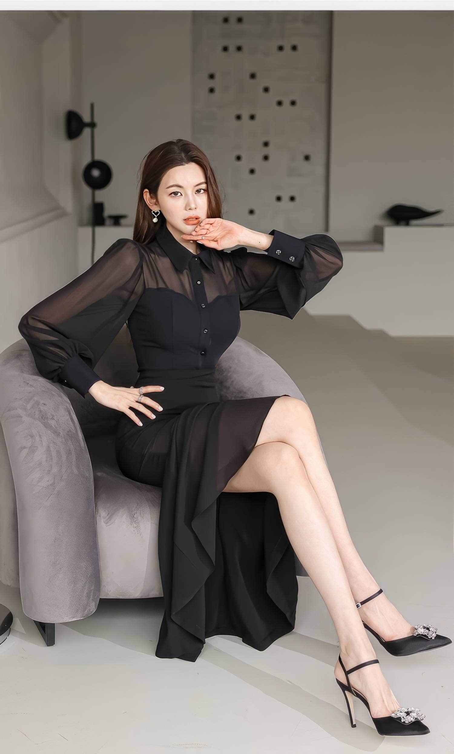 Mesh Collar Neck Long Sleeve Mermaid Dress