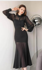 Mesh Collar Neck Long Sleeve Mermaid Dress