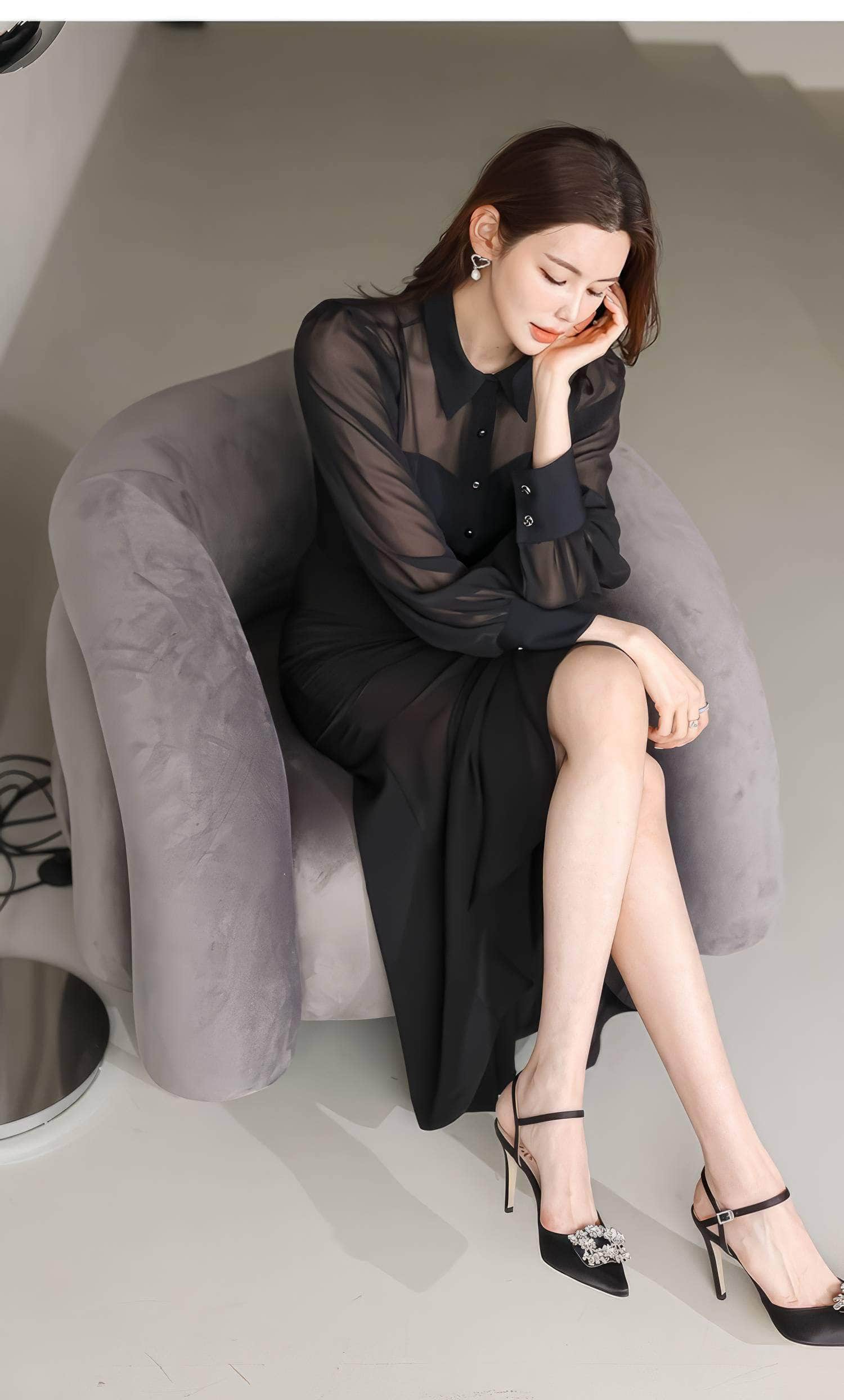Mesh Collar Neck Long Sleeve Mermaid Dress