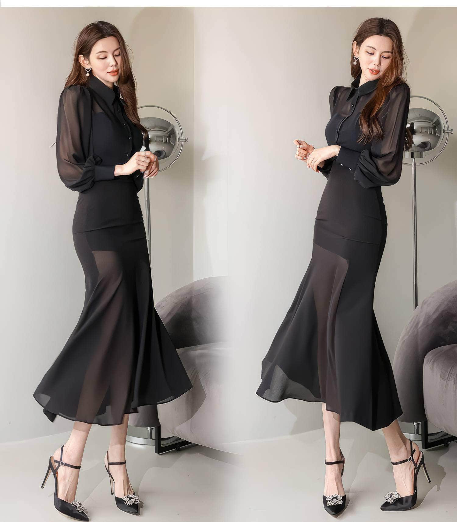 Mesh Collar Neck Long Sleeve Mermaid Dress