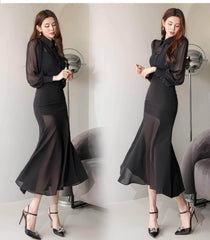 Mesh Collar Neck Long Sleeve Mermaid Dress