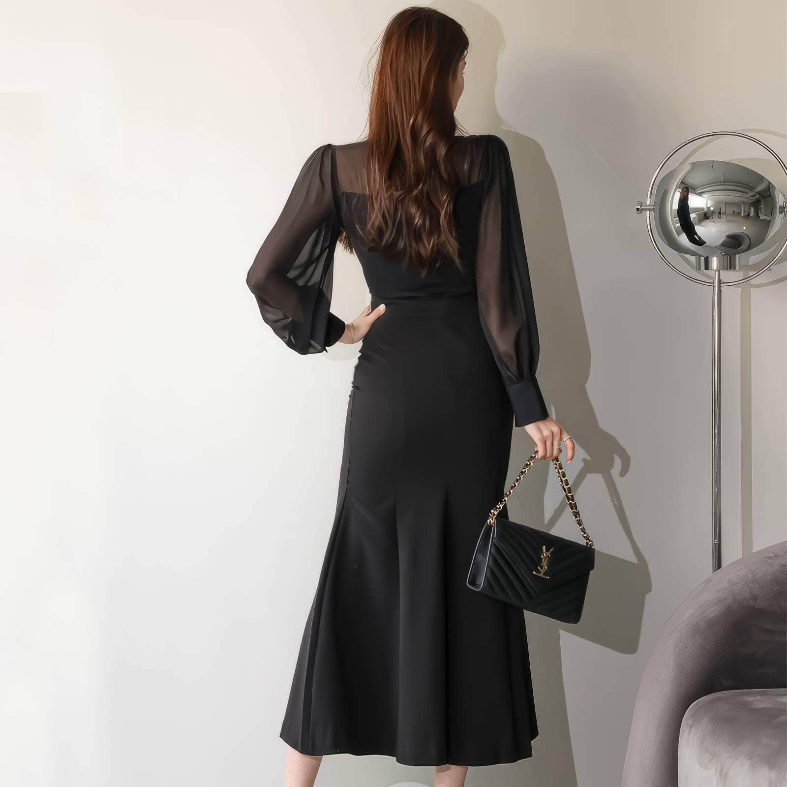 Mesh Collar Neck Long Sleeve Mermaid Dress