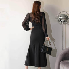 Mesh Collar Neck Long Sleeve Mermaid Dress