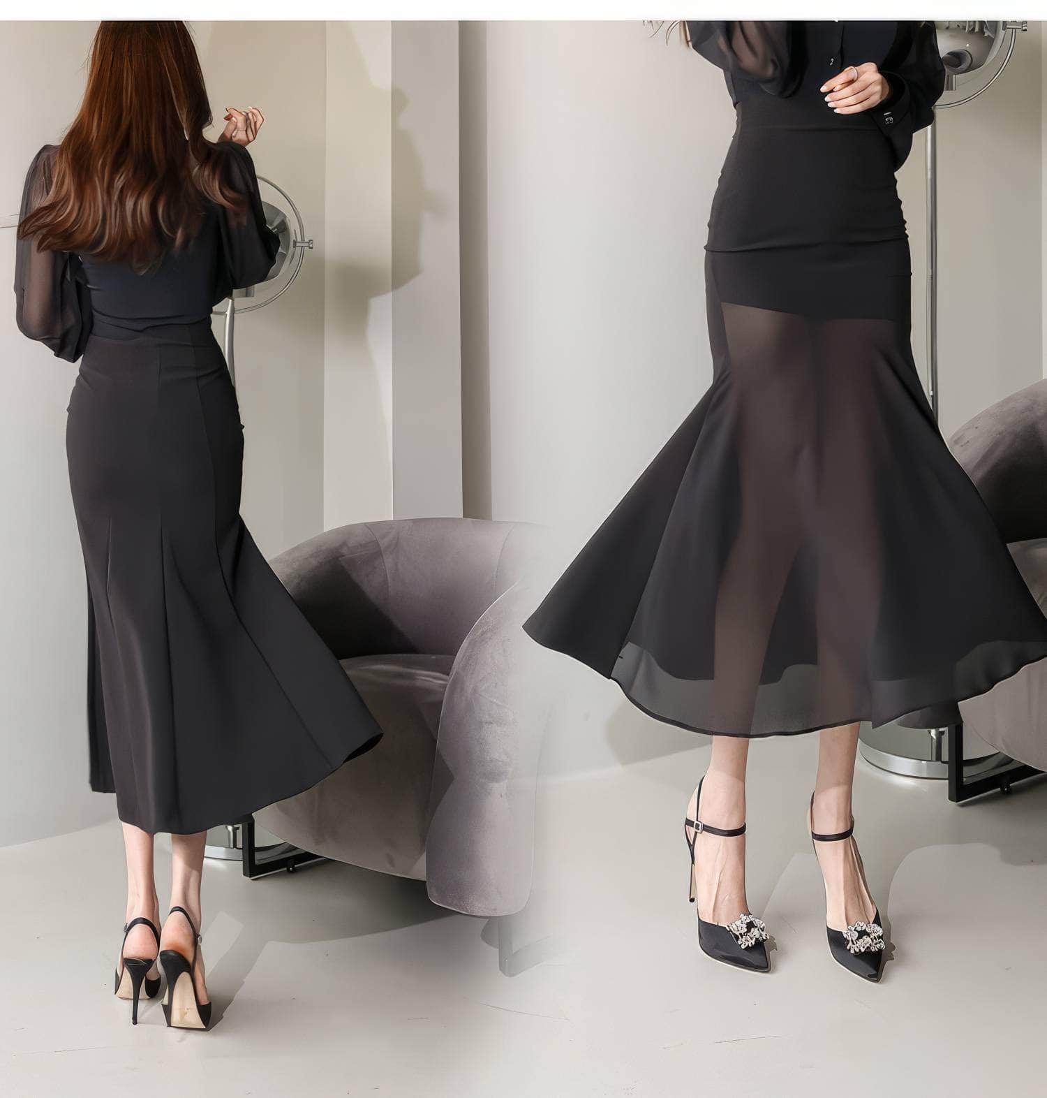 Mesh Collar Neck Long Sleeve Mermaid Dress
