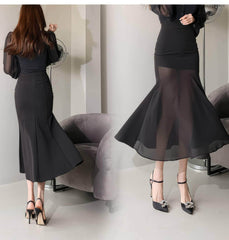 Mesh Collar Neck Long Sleeve Mermaid Dress