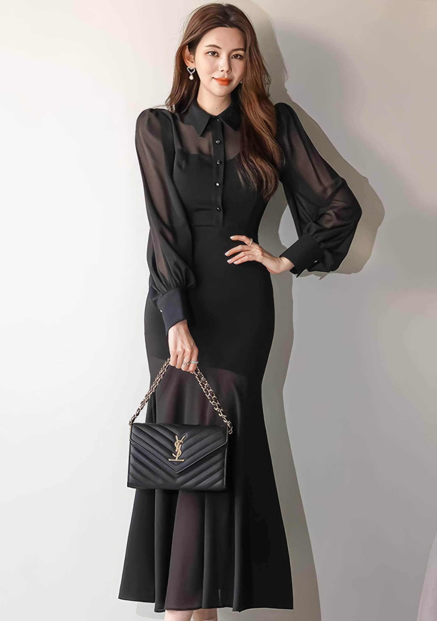 Mesh Collar Neck Long Sleeve Mermaid Dress S / Black